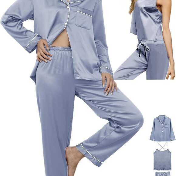 Womens 3Pcs Silk Satin Pajamas Long Set Sexy Cami Top Pajama Sleepwear Silky Pj